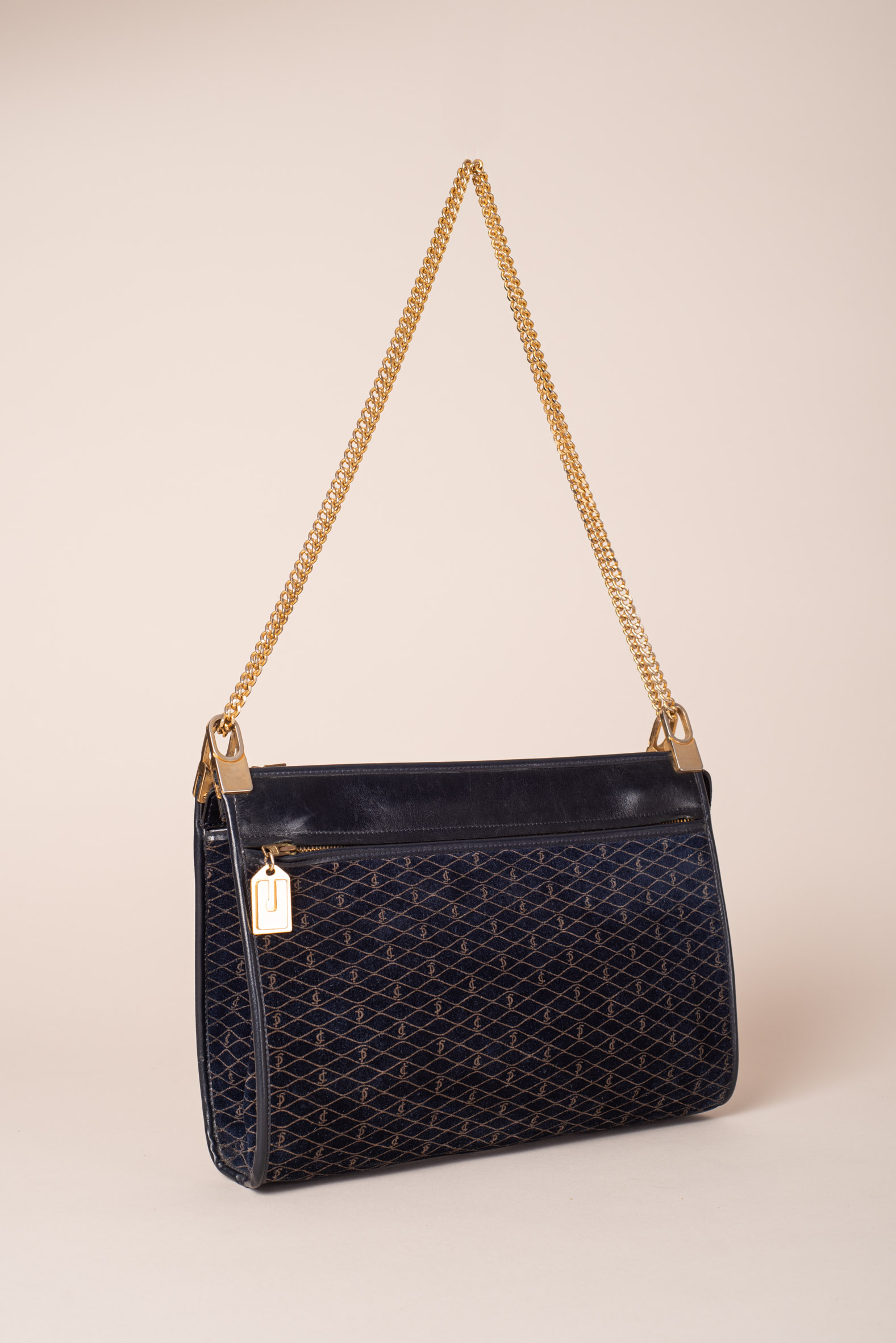 CHARLES JOURDAN 1970s NAVY SUEDE LOGO SHOULDER BAG • heritage